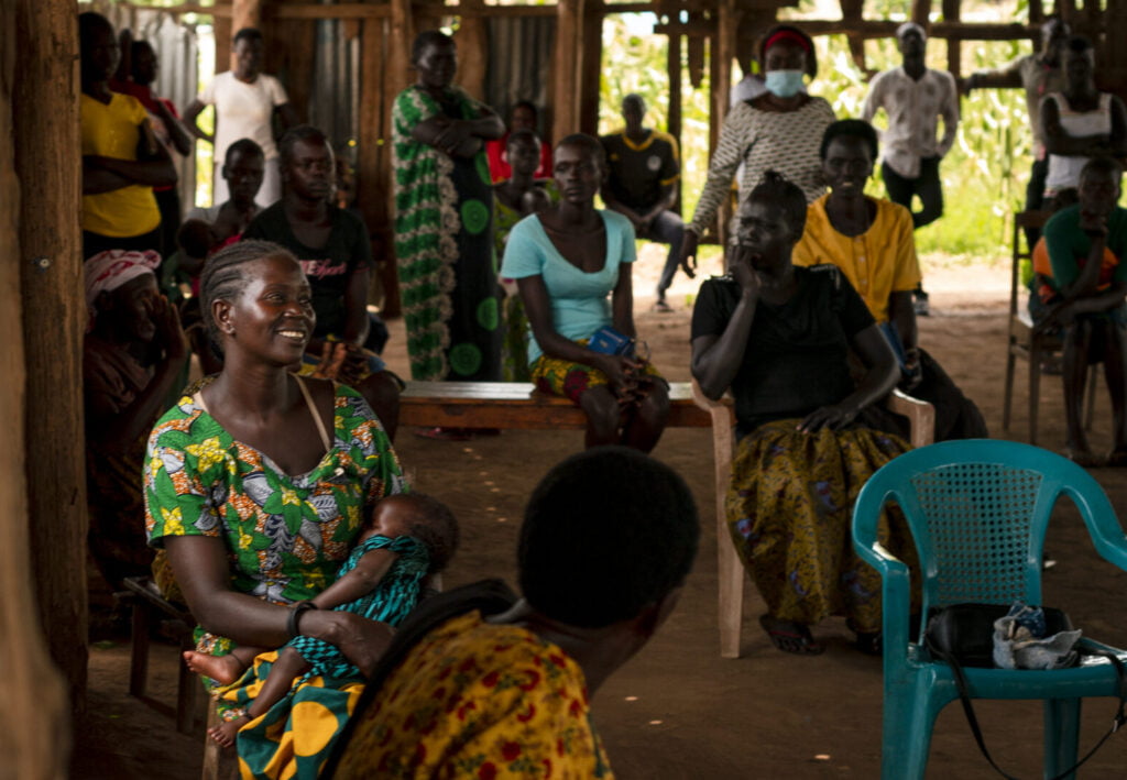 Refugees in South Sudan gather.